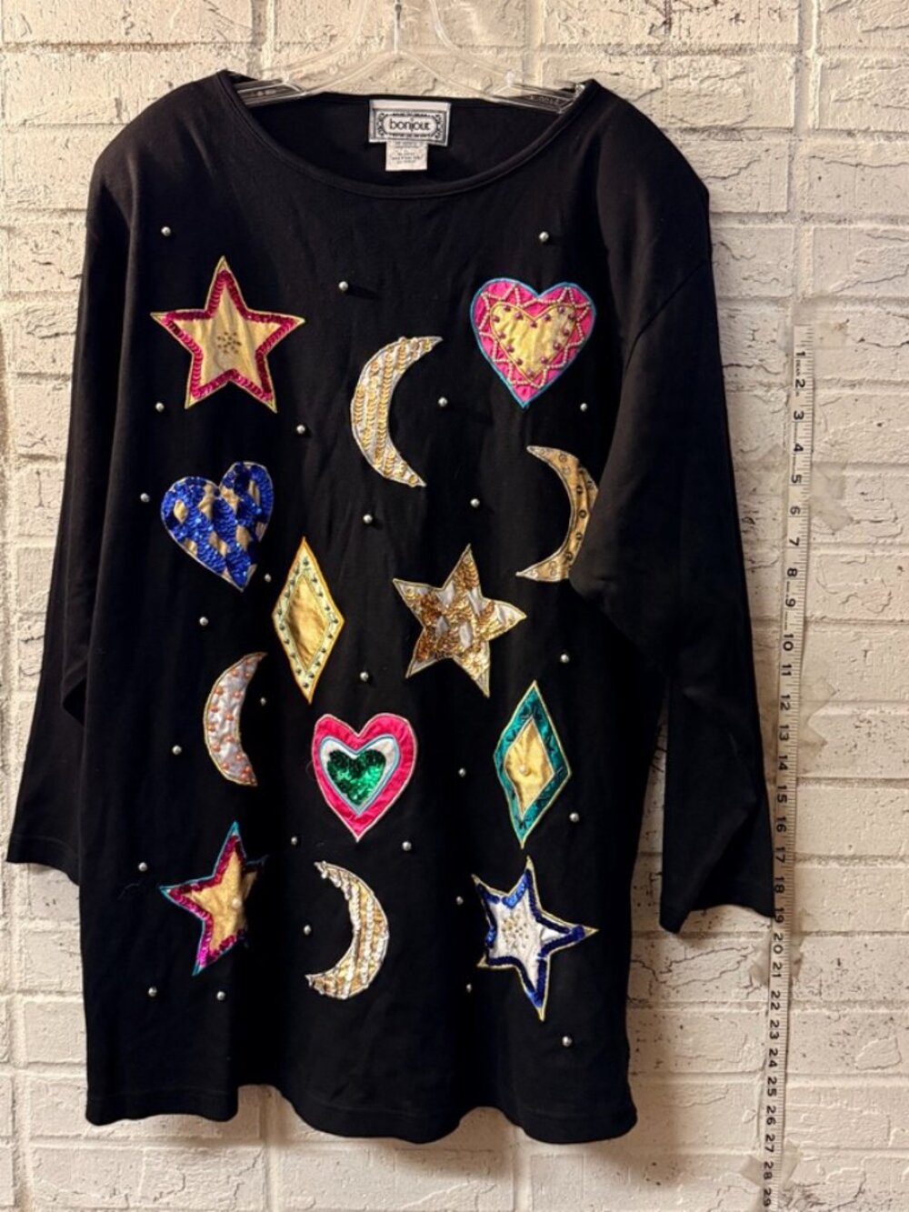 Vintage Bonjour L Black Sequin Applique Celestial Hearts Tunic 80s